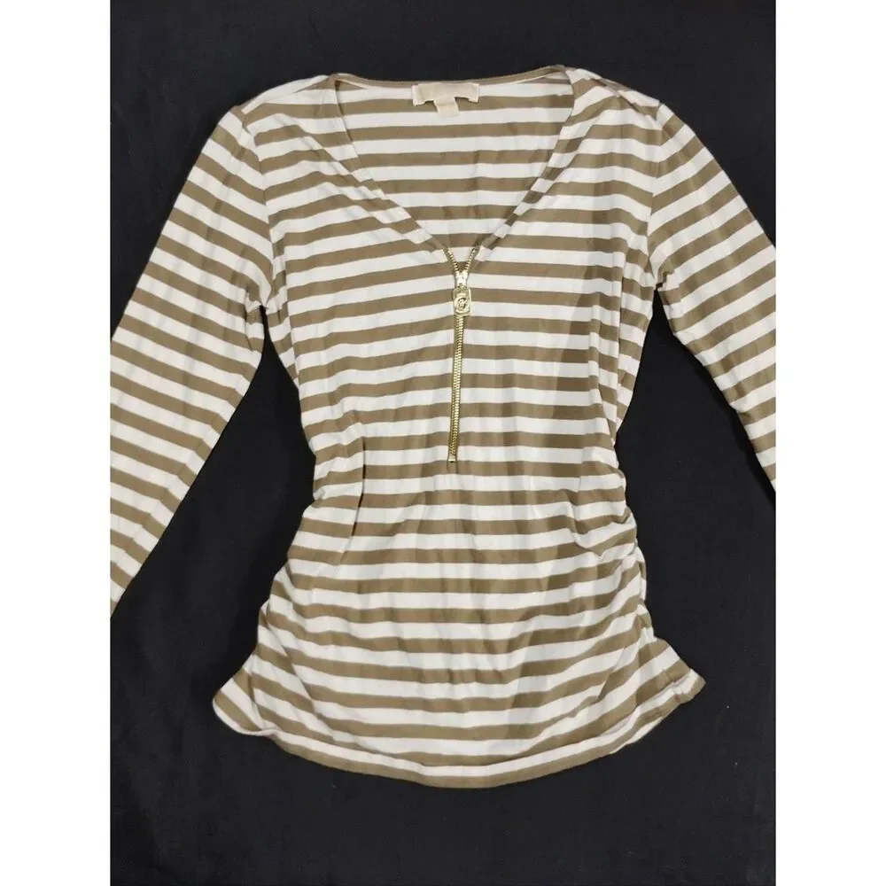 Michael Kors Striped V-Neck Zip Front Women’s Top - Khaki & White